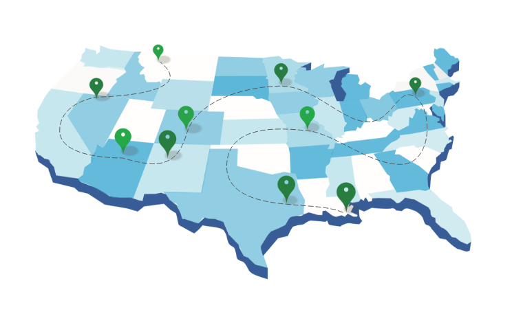 Map of United States with a road across it